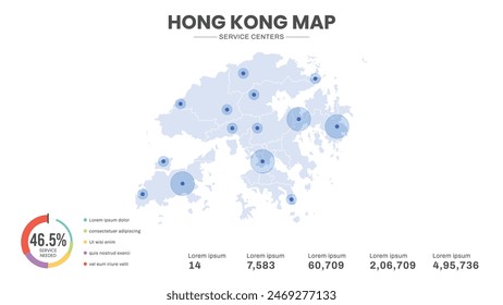Service centers are highlighted within the map of Hong Kong Map, Infographic map of Hong Kong Vector Illustration