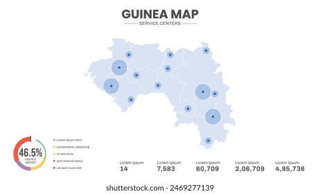 Service centers are highlighted within the map of Guinea Map, Infographic map of Guinea Vector Illustration