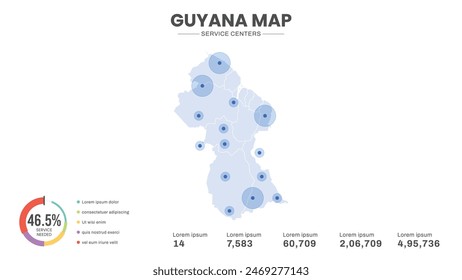 Service centers are highlighted within the map of Guyana Map, Infographic map of Guyana Vector Illustration