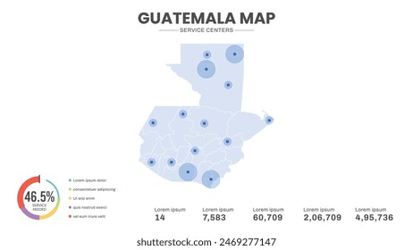 Service centers are highlighted within the map of Guatemala Map, Infographic map of Guatemala Vector Illustration