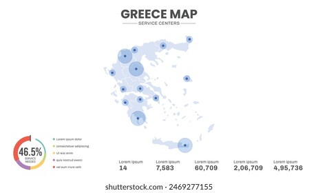 Los centros de servicio están destacados dentro del mapa de Grecia Mapa, Mapa infográfico de Grecia Ilustración vectorial