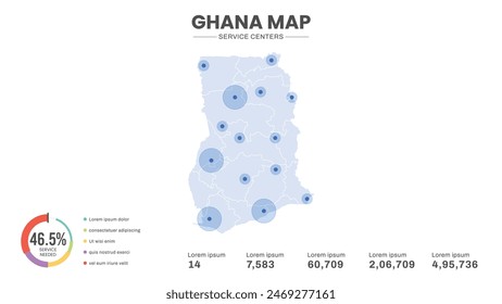 Service centers are highlighted within the map of Ghana Map, Infographic map of Ghana Vector Illustration