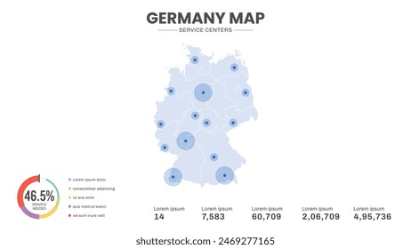 Servicezentren sind in der Deutschlandkarte hervorgehoben, Infografik Deutschlandkarte Vektorillustration