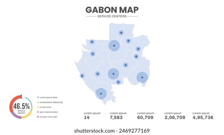 Service centers are highlighted within the map of Gabon Map, Infographic map of Gabon Vector Illustration