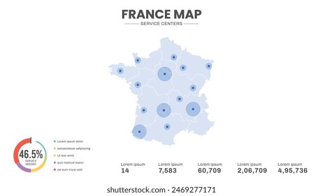 Service centers are highlighted within the map of France Map, Infographic map of France Vector Illustration