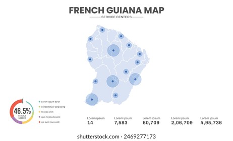 Service centers are highlighted within the map of French Guiana Map, Infographic map of French Guiana Vector Illustration