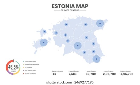 Service centers are highlighted within the map of Estonia Map, Infographic map of Estonia Vector Illustration