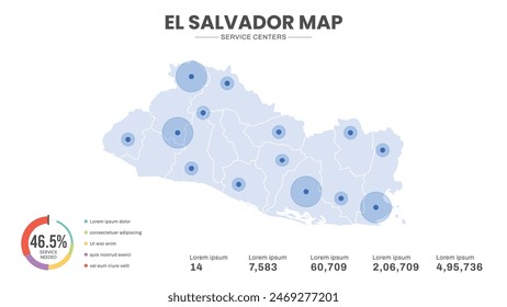 Service centers are highlighted within the map of El Salvador Map, Infographic map of El Salvador Vector Illustration