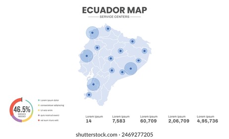 Service centers are highlighted within the map of Ecuador Map, Infographic map of Ecuador Vector Illustration