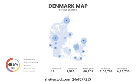 Service centers are highlighted within the map of Denmark Map, Infographic map of Denmark Vector Illustration