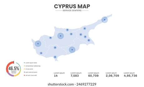 Service centers are highlighted within the map of Cyprus Map, Infographic map of Cyprus Vector Illustration