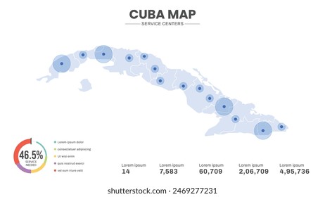 Service centers are highlighted within the map of Cuba Map, Infographic map of Cuba Vector Illustration