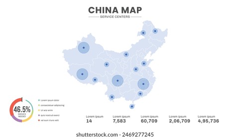 Service centers are highlighted within the map of China Map, Infographic map of China Vector Illustration