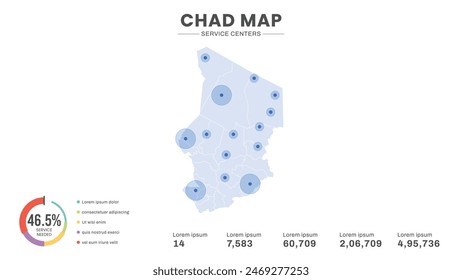 Service centers are highlighted within the map of Chad Map, Infographic map of Chad Vector Illustration