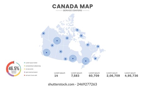 Service centers are highlighted within the map of Canada Map, Infographic map of Canada Vector Illustration