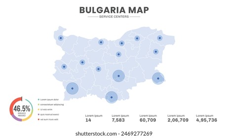 Servicezentren sind auf der Karte von Bulgarien Karte hervorgehoben, Infografik Karte von Bulgarien Vektorillustration