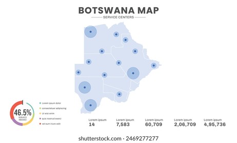 Service centers are highlighted within the map of Botswana Map, Infographic map of Botswana Vector Illustration