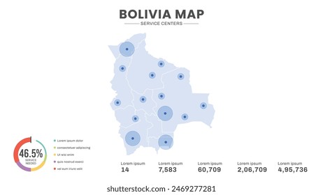 Service centers are highlighted within the map of Bolivia Map, Infographic map of Bolivia Vector Illustration