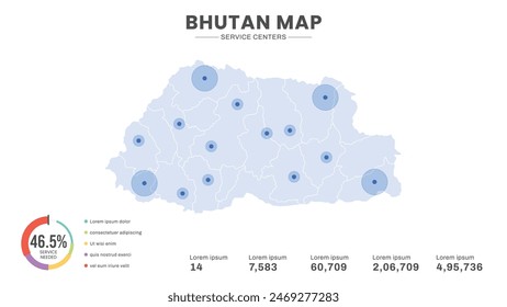 Service centers are highlighted within the map of Bhutan Map, Infographic map of Bhutan Vector Illustration