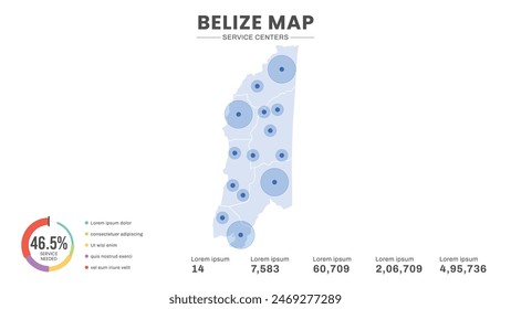 Service centers are highlighted within the map of Belize Map, Infographic map of Belize Vector Illustration