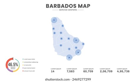 Service centers are highlighted within the map of Barbados Map, Infographic map of Barbados Vector Illustration