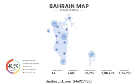 Service centers are highlighted within the map of Bahrain Map, Infographic map of Bahrain Vector Illustration