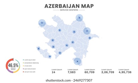 Service centers are highlighted within the map of Azerbaijan Map, Infographic map of Azerbaijan Vector Illustration