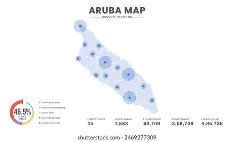 Servicezentren sind auf der Karte von Aruba Map, Infografik-Karte der Vektorillustration Aruba hervorgehoben