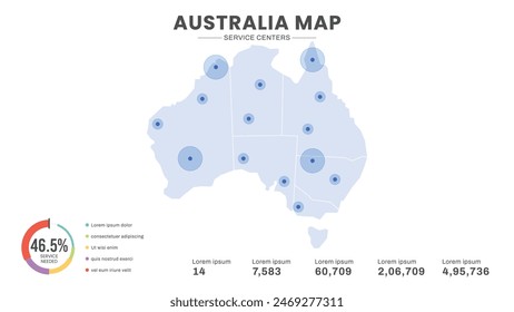 Service-Center sind in der Karte von Australien Map hervorgehoben, Infografik-Karte von Australien Vektorillustration