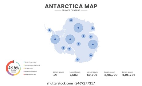 Service centers are highlighted within the map of Antarctica Map, Infographic map of Antarctica Vector Illustration