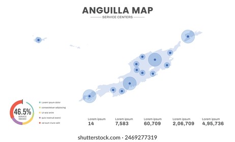 Service centers are highlighted within the map of Anguilla Map, Infographic map of Anguilla Vector Illustration