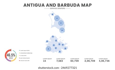 Service centers are highlighted within the map of Antigua and Barbuda Map, Infographic map of Antigua and Barbuda Vector Illustration