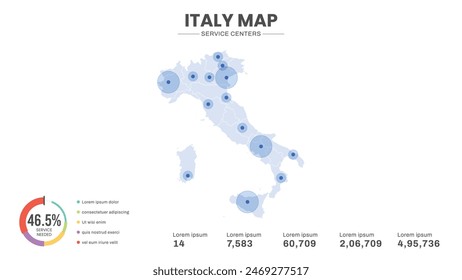 Service centers are highlighted within the map of Italy Map, Infographic map of Italy Vector Illustration