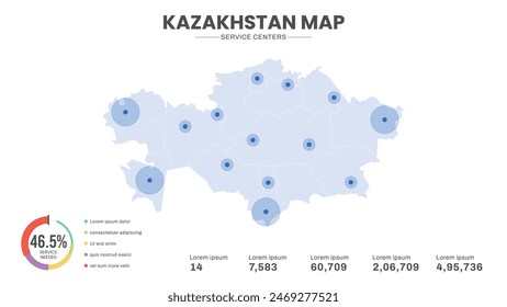 Service centers are highlighted within the map of Kazakhstan Map, Infographic map of Kazakhstan Vector Illustration