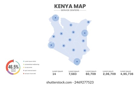 Service centers are highlighted within the map of Kenya Map, Infographic map of Kenya Vector Illustration