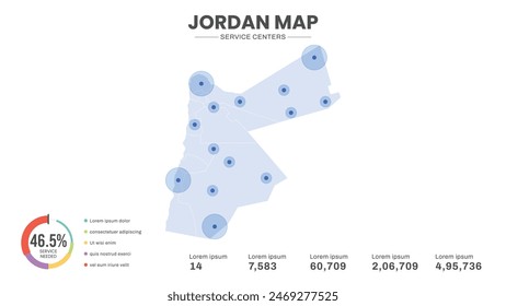 Service centers are highlighted within the map of Jordan Map, Infographic map of Jordan Vector Illustration