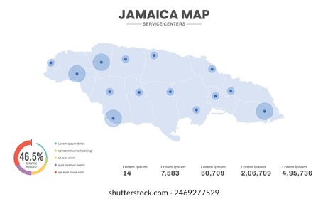 Service centers are highlighted within the map of Jamaica Map, Infographic map of Jamaica Vector Illustration