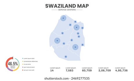 Service centers are highlighted within the map of Swaziland Map, Infographic map of Swaziland Vector Illustration