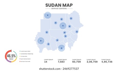 Service centers are highlighted within the map of Sudan Map, Infographic map of Sudan Vector Illustration