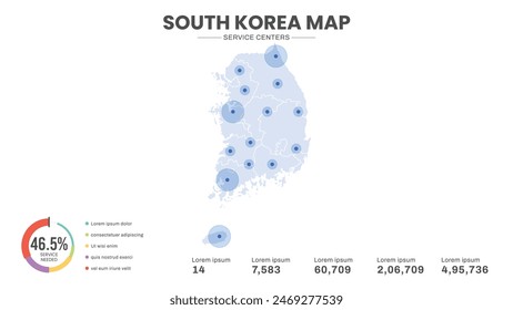 Los centros de servicio están destacados dentro del mapa de Corea del Sur, mapa infográfico de la Ilustración vectorial de Corea del Sur