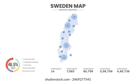 Service centers are highlighted within the map of Sweden Map, Infographic map of Sweden Vector Illustration