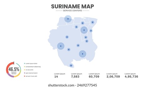 Los centros de servicio están destacados dentro del mapa de Surinam, mapa infográfico de Surinam Ilustración vectorial