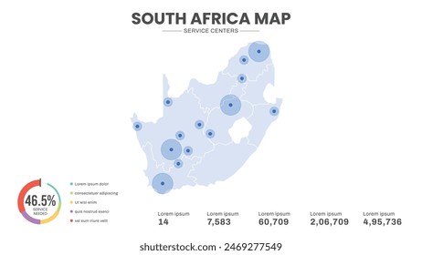 Service centers are highlighted within the map of South Africa Map, Infographic map of South Africa Vector Illustration