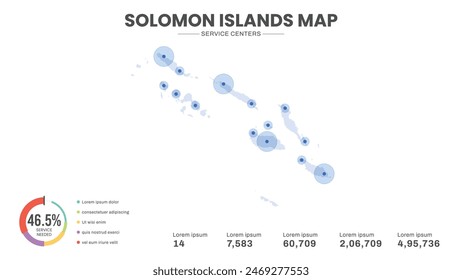 Service centers are highlighted within the map of Solomon Islands Map, Infographic map of Solomon Islands Vector Illustration