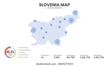 Service centers are highlighted within the map of Slovenia Map, Infographic map of Slovenia Vector Illustration