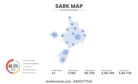 Service centers are highlighted within the map of Sark Map, Infographic map of Sark Vector Illustration