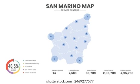 Service centers are highlighted within the map of San Marino Map, Infographic map of San Marino Vector Illustration