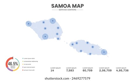 Service centers are highlighted within the map of Samoa Map, Infographic map of Samoa Vector Illustration