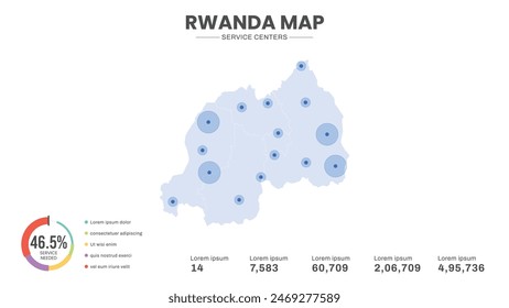 Los centros de servicios están destacados dentro del mapa de Ruanda, mapa infográfico de la Ilustración vectorial de Ruanda