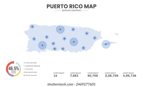 Service centers are highlighted within the map of Puerto Rico Map, Infographic map of Puerto Rico Vector Illustration